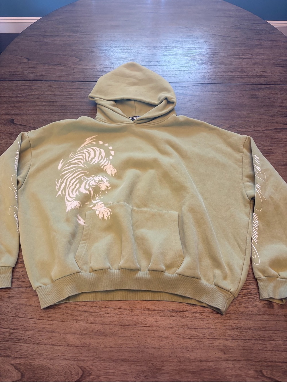 Flowar Oversized Olive Green Hoodie with Tiger Graphic